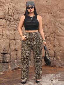 Jeanoix Pantaloni de damă din denim Y2K, mărime plus, cu imprimeu leopard, elastici, slim fit, cu picior drept - Kaki - Vizualizare 5