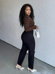 Alexandranx 女式时尚休闲条纹修身套头衫 - 咖啡棕 - 查看 5