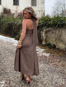 Jeta Ari 女式驼色无袖腰部褶皱A字形吊带连衣裙 - 駝色 - 查看 6