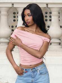 Mima John Women's Solid Color Ruched Asymmetrical Shoulder Summer Casual Blouse - Coral Pink - View 6