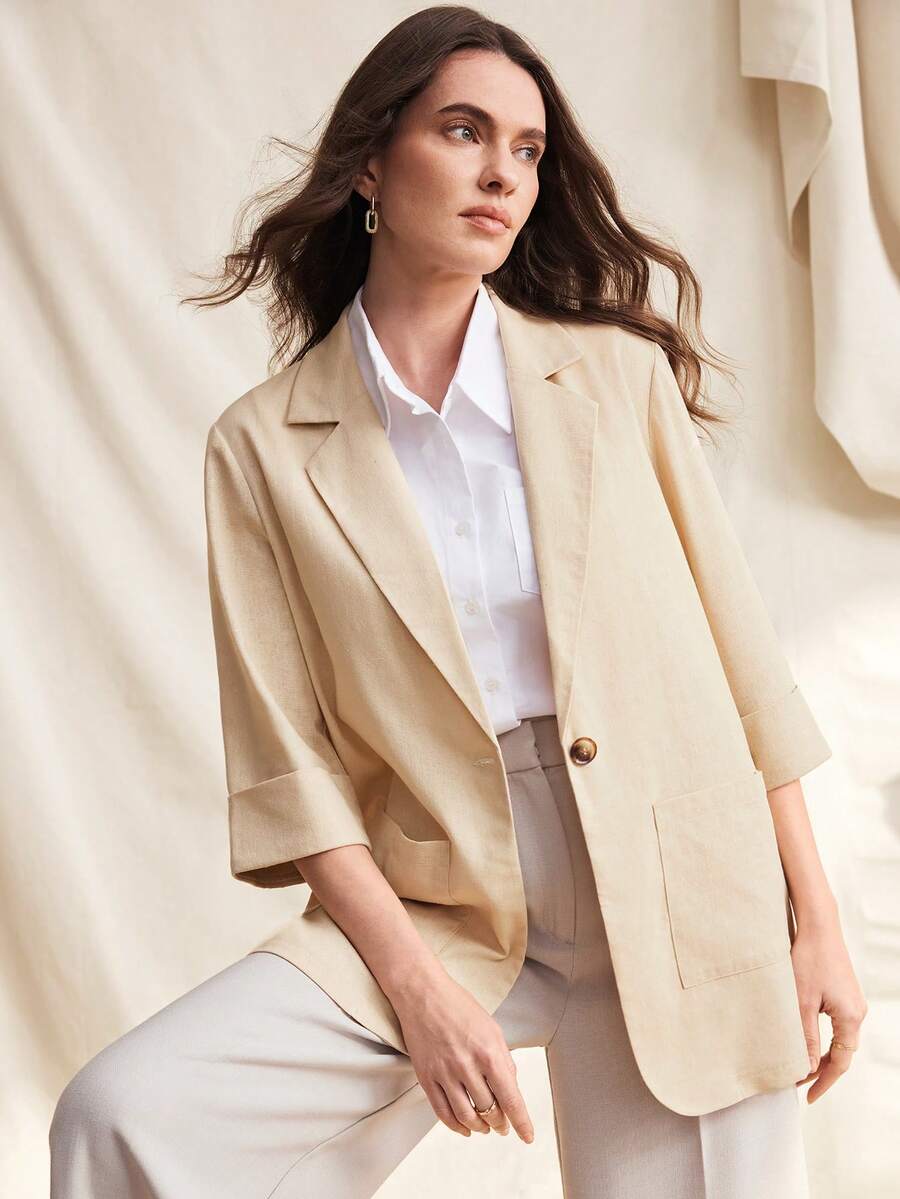 Zovinel Women's Casual Linen Blend Loose 3/4 Sleeve Big Pocket Single-Breasted Blazer - Apricot - View 1