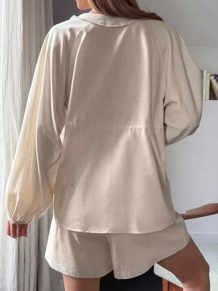 Women's Solid Color Loose Pleated Tie V-Neck Ruffle Lantern Sleeve Shirt & Elastic Waist Shorts Casual Summer 2-Piece Set