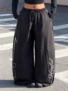 Muchica Women's Black Casual Fashion Street Daily Commute Letter Print Contrast Piping Drawstring Waist Loose Wide Leg Pants - Black - View 4