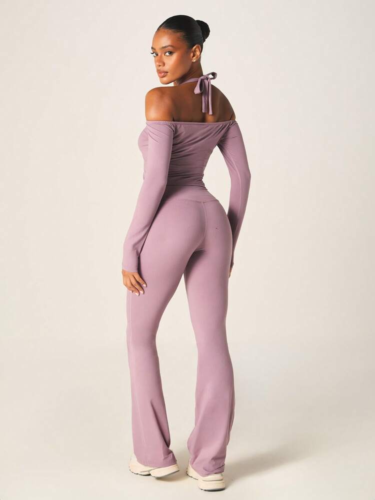 MISSGUIDED Women Cold Shoulder Long Sleeve Crop Top Flare Pants Two Piece Halter Neck Tie Detail Matching Set