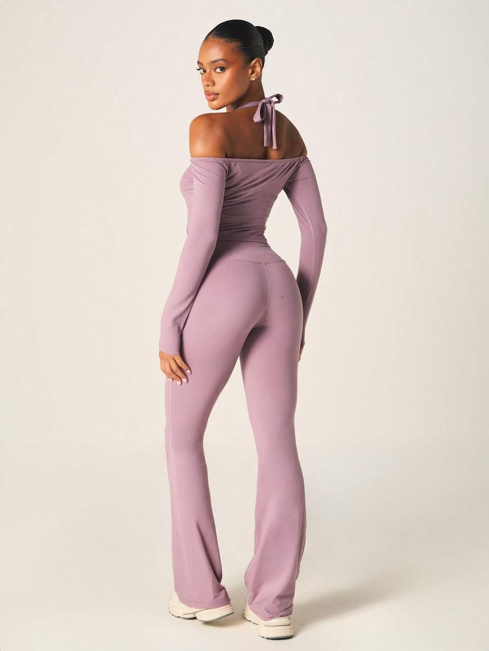 MISSGUIDED Women Cold Shoulder Long Sleeve Crop Top Flare Pants Two Piece Halter Neck Tie Detail Matching Set