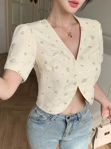 DAZY Women's Elegant Sequin V-Neck Faux Pocket Petal Sleeve Blazer Jacket, Summer - Beige - View 3