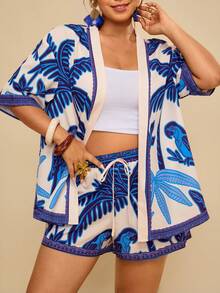 Travachic 大码热带印花衬衫短裤两件套，休闲度假装，女士夏季两件套，女士夏季服装，女士沙滩罩衫 - 藍白色 - 查看 5