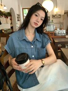 DAZY Áo sơ mi nữ tay ngắn denim wash, kiểu dáng thường ngày, thích hợp đi làm. - Màu xanh lam - Xem 5