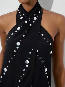 Maija 女士优雅仿珍珠串珠吊带背心，夏季必备 - 黑色 - 查看 1