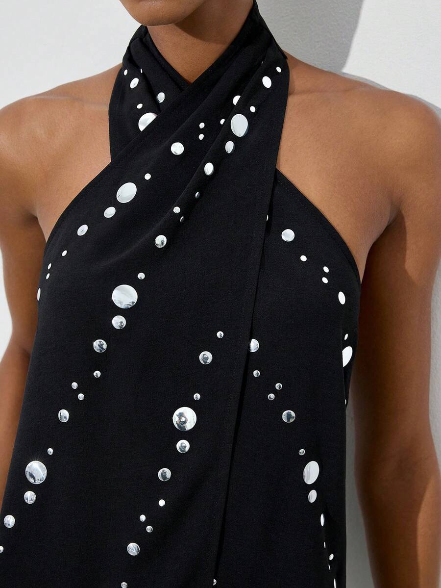 Maija 女士优雅仿珍珠串珠吊带背心，夏季必备 - 黑色 - 查看 1