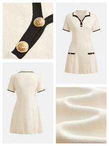 Maija Vestido de punto ajustado con cuello en V de contraste negro y blanco, estilo urbano - Blanco y Negro - Ver 8