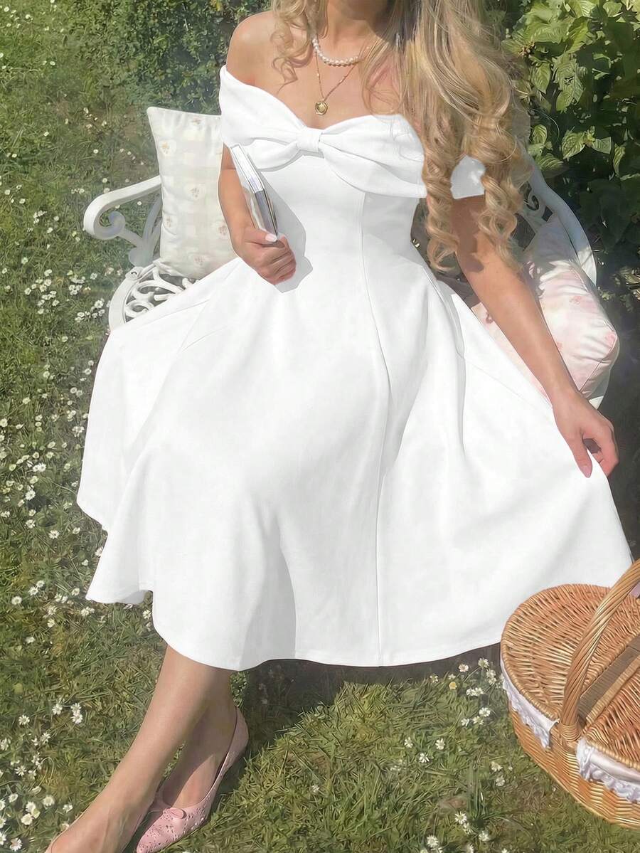 SHEIN MOD 女士优雅纯色露肩中长连衣裙，夏季 - 白色 - 查看 1