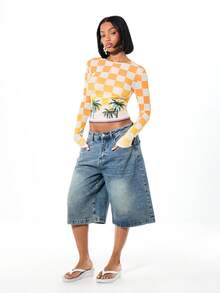 SUMWON WOMEN Women's Checkered Long Sleeve Crop Top With Palm Tree Print And Mixed Pattern Design - Multicolor - View 5