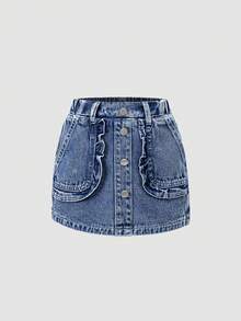 年轻女孩新款休闲时尚可爱荷叶边口袋设计水洗牛仔短裤 - 藍色 - 查看 4