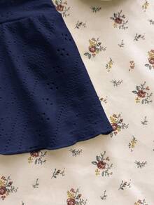 Teen Girls Navy Blue Knit Casual Versatile Hollow Textured Ruched A-Line Mini Skirt, Suitable For Summer - Navy Blue - View 5