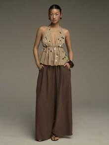 COSMINA 女士优雅深V领系带串珠上衣，适合春季、约会、情人节、新年、婚礼宾客、派对等场合。 - 卡其色 - 查看 4