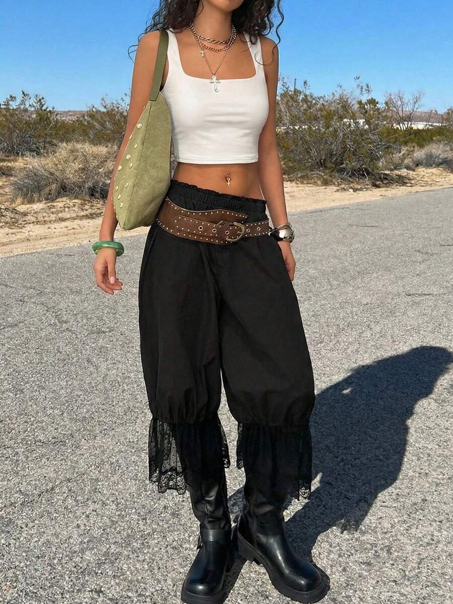 Muchica Women's Black Elastic Waist Contrast Lace Loose 7/8 Pants With Lace Hem,Summer Outfits For Women,Going Out Outfits - Black - View 1