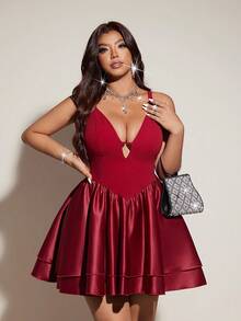 Viva Relle Plus Size Elegant Sexy Patchwork Slip Dress For Summer - Burgundy - View 2
