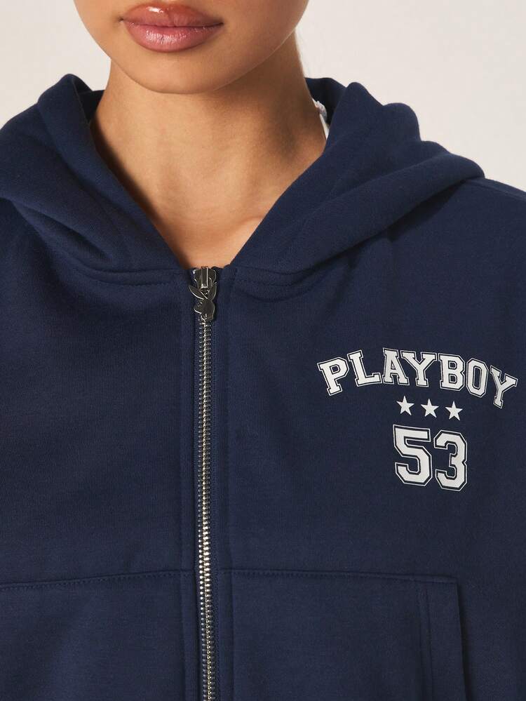 Missguided x Playboy Oversized Crop Zip Up Hoodie With Centre Pocket And Drawstring Hood Relaxed Fit Varsity Style