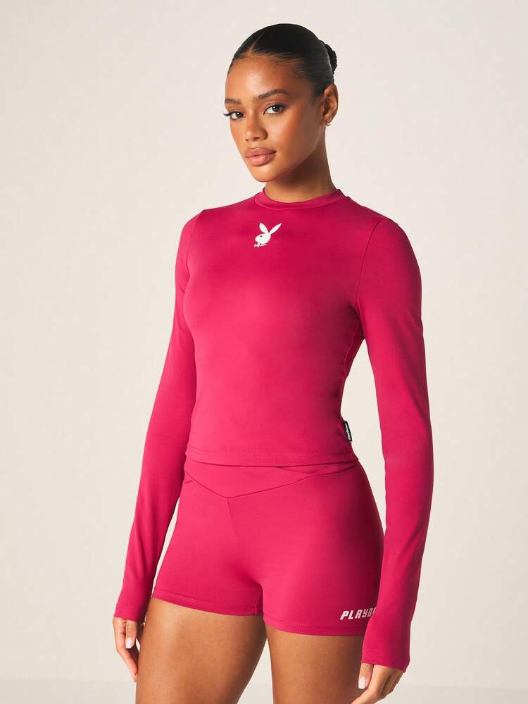 Missguided x Playboy Women's Bunny Mock Neck Long Sleeve Fitted Pink Top With Rhinestone Logo And Thumb Holes