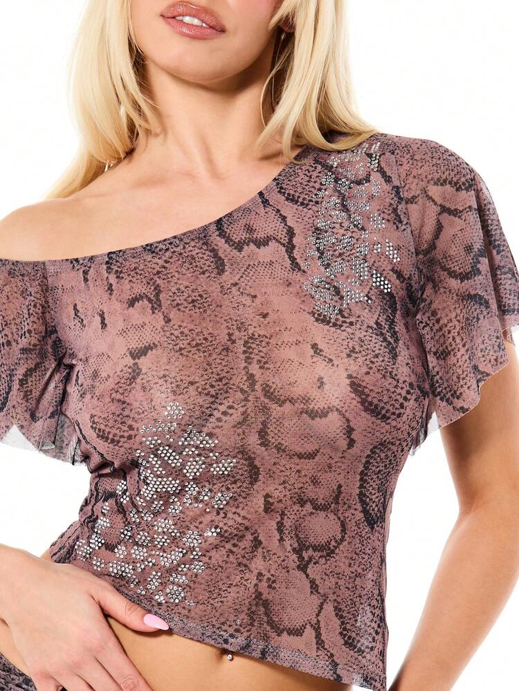 SUMWON WOMEN Women's Brown Snake Print Off-Shoulder Ruffle Sleeve Sequin Embellished Crop Top With Animal Print Pattern For Evening Party Occasions