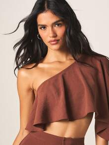 MISSGUIDED Women One Shoulder Ruffle Crop Top And Wide Leg High Waist Palazzo Pants Two Piece Coordinated Set For Fall Winter Occasions - Camel - View 6