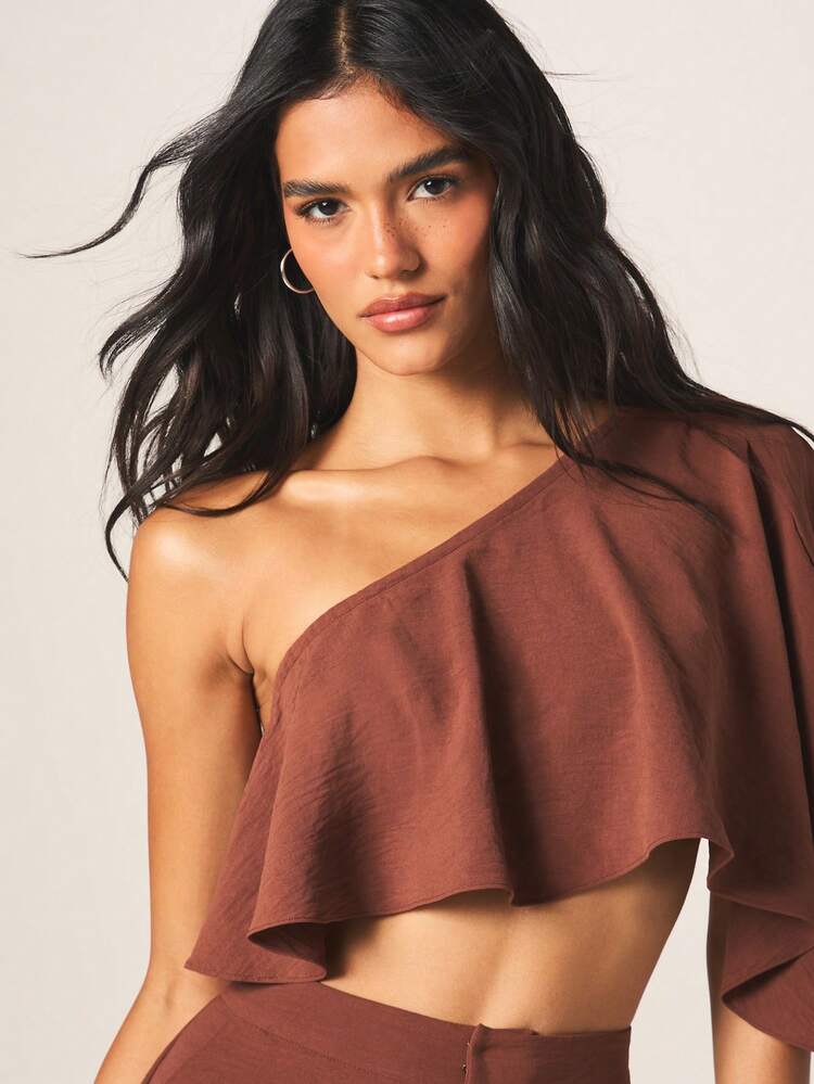 MISSGUIDED Women One Shoulder Ruffle Crop Top And Wide Leg High Waist Palazzo Pants Two Piece Coordinated Set For Fall Winter Occasions