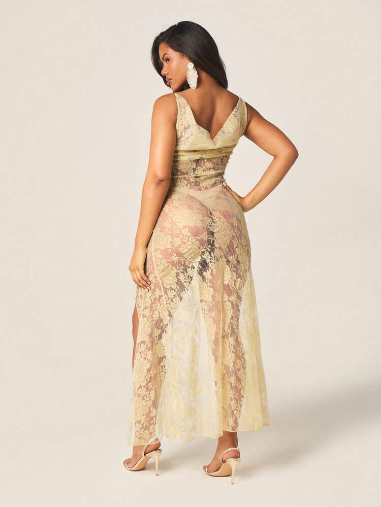 MISSGUIDED Damen Gold Spitze Maxikleid V-Ausschnitt Bodycon Abend Formal Hochzeitsgast Ärmellos Seitenschlitz Langes Abendkleid Elegantes Party Cocktailkleid
