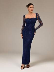 SHEIN Tall Đầm maxi đen ôm sát cơ thể, dài tay, dáng chữ S, chất liệu ren, có gọng nâng ngực, cổ vuông, ôm sát, dành cho nữ, thích hợp cho các buổi tiệc mùa hè, hẹn hò. - Màu xanh hải quân - Xem 5