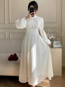 DAZY Damen elegantes einfarbiges plissiertes Stehkragen Petal-Ärmel Midi-Kleid, Frühlings-/Sommer-Sonnenkleider für Frauen - Aprikosenfarben - Übersicht 4