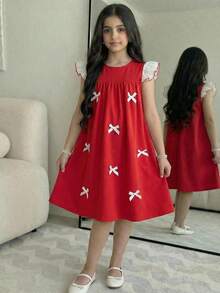 SHEIN 双色编织圆领荷叶边蝴蝶结休闲连衣裙 - 紅色 - 查看 2