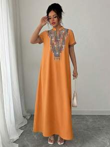 Rafferiza Contrast Color Embroidered Jewel Collar Loose Long Dress For Women - Burnt Orange - View 4