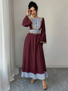 Women's Printed & Sequin Patchwork Round Neck Long Sleeve Arabic Style Dress - Burgundy - View 3