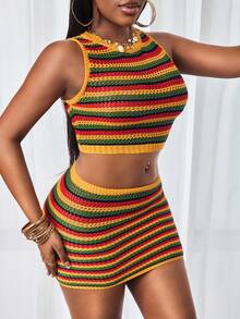 BamGleam 2pcs Women Sleeveless Sweater & Bodycon Skirt Set, Sexy & Fashionable Summer Knit Top And Skirt Outfit, Vacation/Holiday Beach Dress - Multicolor - View 4