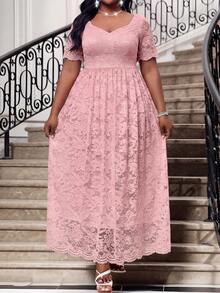 SHEIN Lady 大码优雅派对纯色纹理喇叭袖鱼尾连衣裙新年度假装优雅派对白色情人节正式礼服女士蕾丝连衣裙粉色连衣裙女士夏季连衣裙 - 粉色 - 查看 3