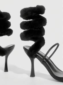 CUCCOO SZL 女士新款性感蛇纹扭结毛绒带黑色水钻高跟鞋，晚宴约会礼服细高跟凉鞋 - 黑色2 - 查看 6