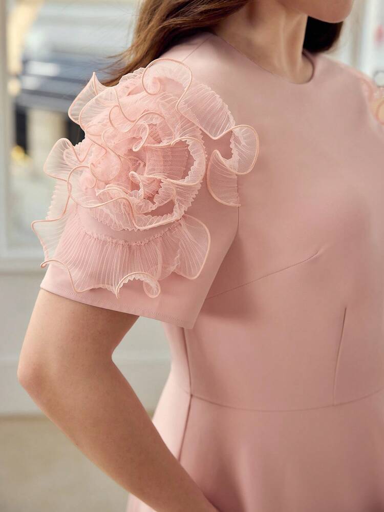 PLUS SIZE WOMEN'S SPRING/SUMMER 3D FLORAL SHORT SLEEVE A-LINE MIDI DRESS