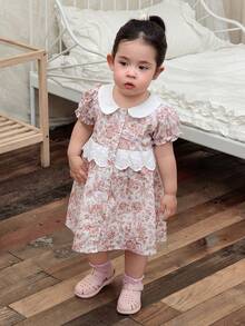 DAZY Đầm dài tay cổ bẻ in hoa cho bé gái, kiểu dáng thường ngày, thích hợp đi nghỉ mát. - Hồng - Xem 3