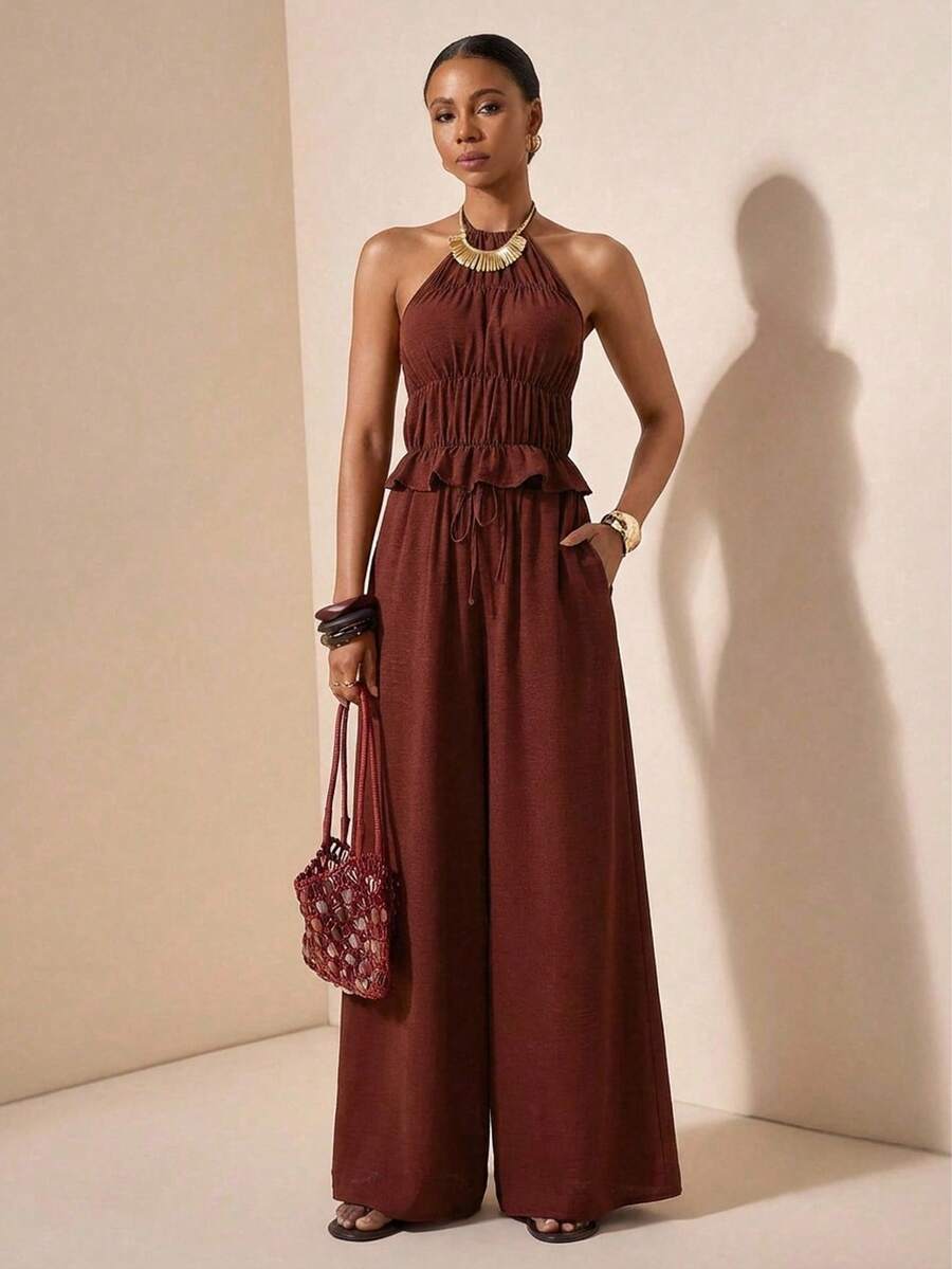 2026 Spring/Summer New Music Festival, Easter, St. Patrick's Day, Valentine's Day, Date, Western, Nomadic Style Women's Halter Neck Ruched Floral Blouse And Wide Leg Pants With Pockets Loose Textured Linen Set