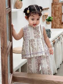 DAZY Baby Girl Casual Floral Print Sleeveless Shirt And Pants Set, Summer - Apricot - View 7