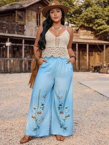 SHEIN LUNE Women's Blue Plus Size Straight Leg Pants Boho Style With Pockets And Long Floral Plant Print Design - Blue - View 6