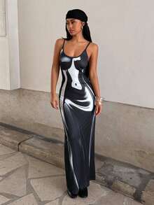 StreetHx 派对及音乐节女士吊带印花连衣裙 - 黑色 - 查看 1