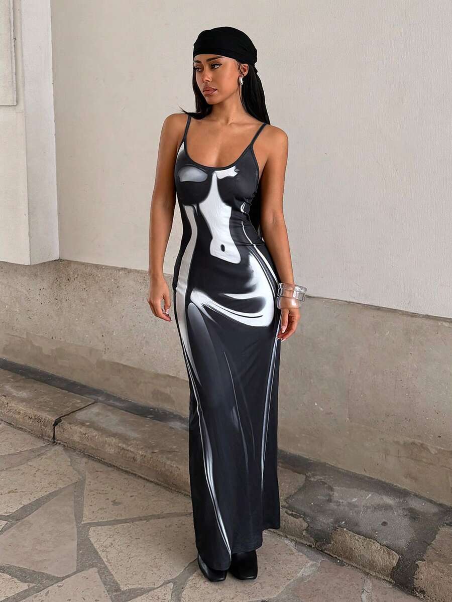 StreetHx 派对及音乐节女士吊带印花连衣裙 - 黑色 - 查看 1