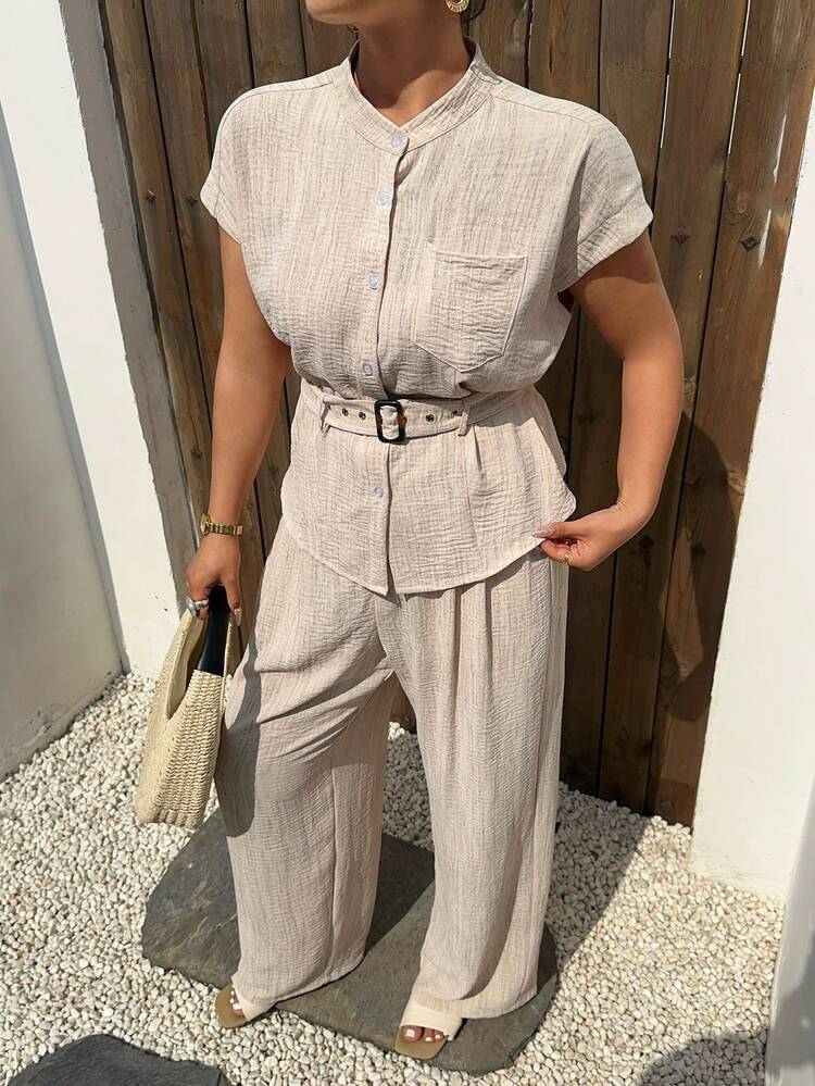 Dazy Plus Plus Size Casual Solid Color Shirt And Pants 2 Pieces Set Summer Lounge Sets For Women