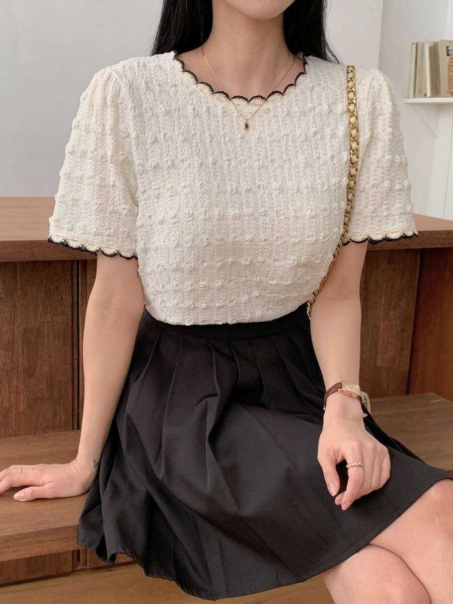 DAZY Women's Summer Textured Loose Fit Contrast Trim Casual T-Shirt - Apricot - View 1