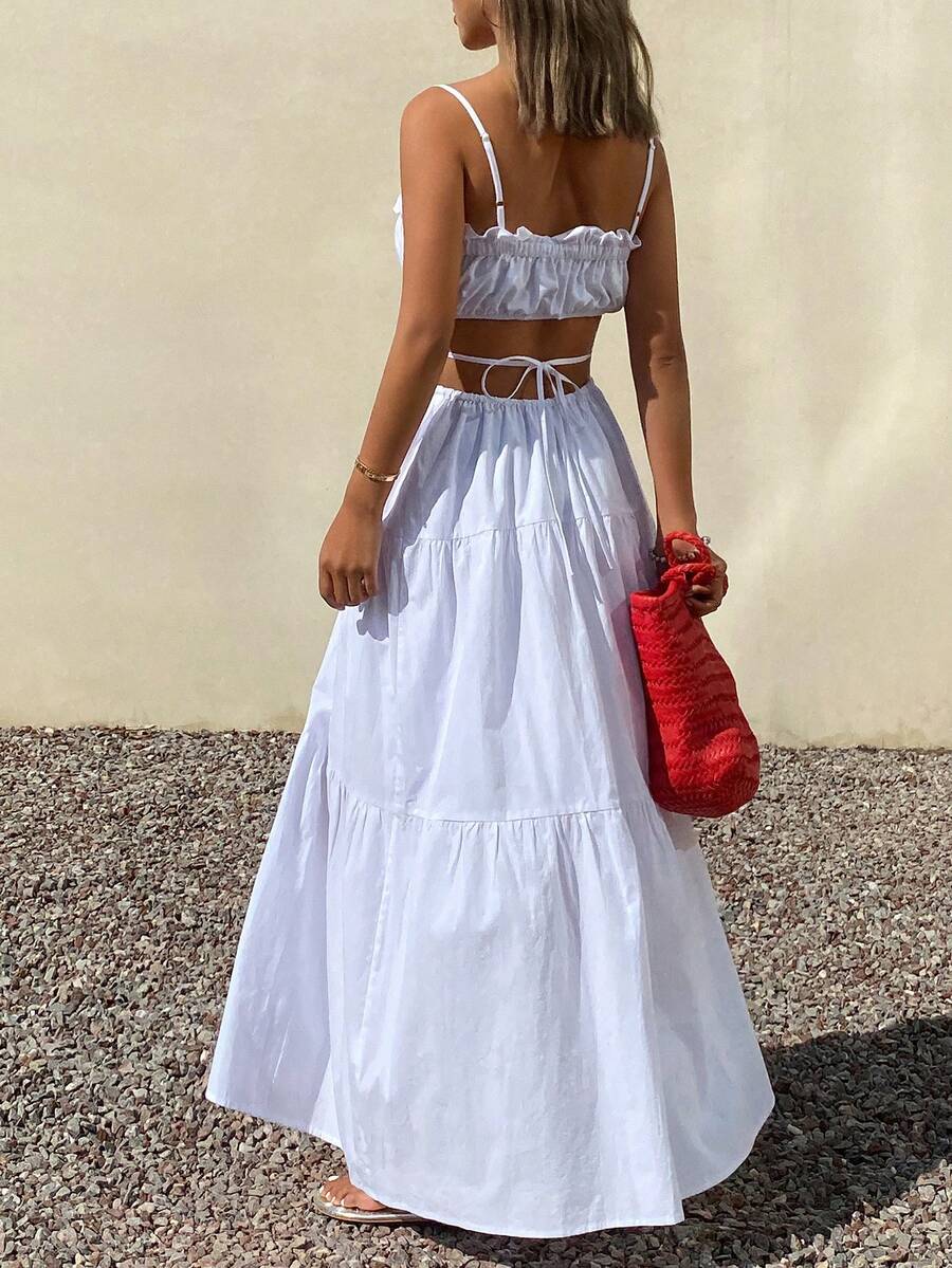 DAZY 春夏时尚白色修身休闲/沙滩度假露背连衣裙，适合情人节、婚礼等场合。 - 象牙白色 - 查看 1