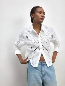 Maija White Summer Elegant Romantic Brunch Vacation Eyelet Embroidery Blue Floral Geometric Pattern Women Shirt Top Beach Vacation Outfits Casual Blouses - White - View 9