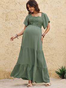 Boho Mama 孕妇撞色蕾丝荷叶边下摆休闲连衣裙 - 綠色 - 查看 3