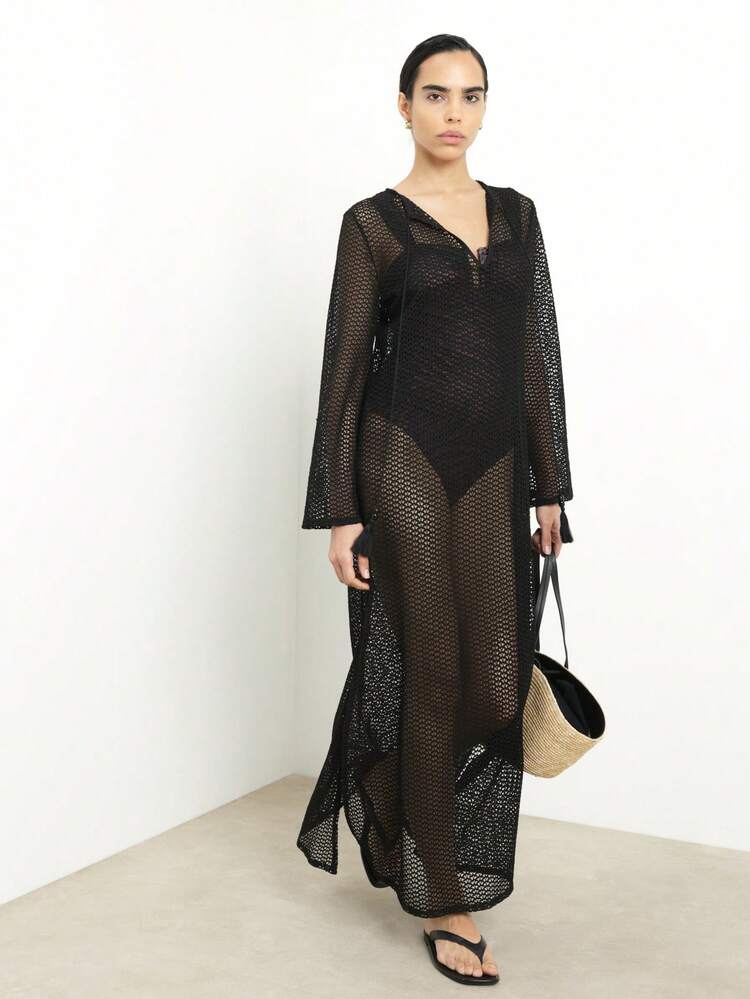 KSTM Black Crochet Kaftan Dress With Bell Sleeves Open Knit Beach Cover Up Long Maxi Dress Beachwear Resort Wear