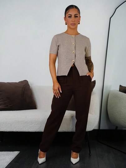 SAYEHFBABY 女式纯色单排扣短袖休闲针织轻便开衫，秋季